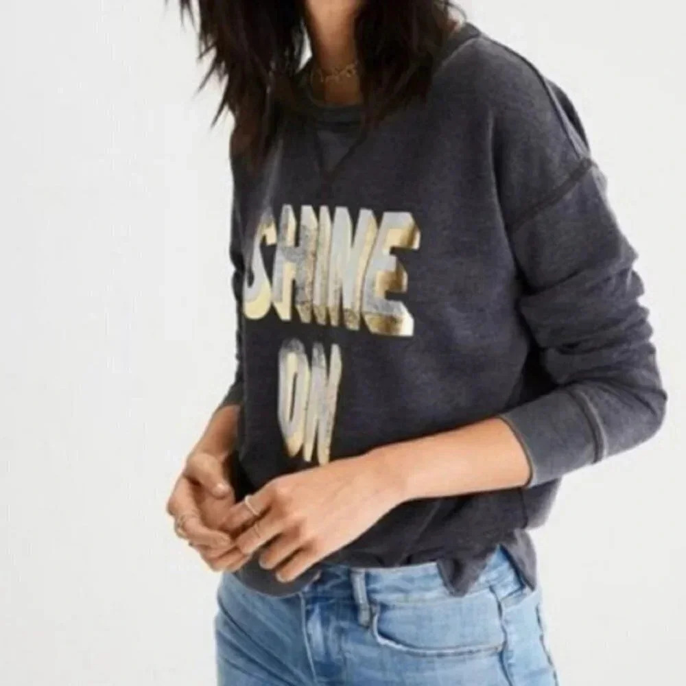 American Eagle Shine On Sweatshirt S Gray Graphic Metallic Fleece Pullover